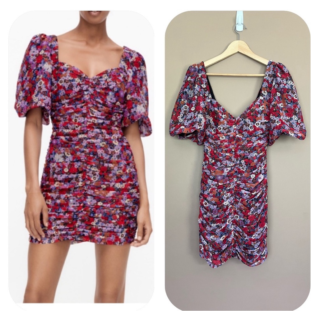 {Zara} Floral Puff Sleeve Mini Dress with Ruching Blogger Favorite - XS - NWT